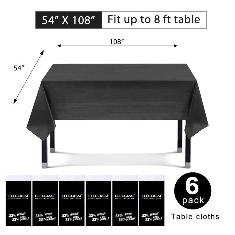 Eleclassi Black 6 Pack Premium Disposable Plastic Tablecloth 54 x 108 in - Plastic Table Cloth Disposable for Rectangle Table Up to 8 Feet - Black Rectangle Tablecloth - Image 2